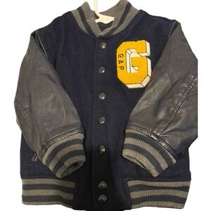 Baby Gap Toddler Boys Varsity Jacket Navy Blue Wool Faux Leather Sleeves 3 Years